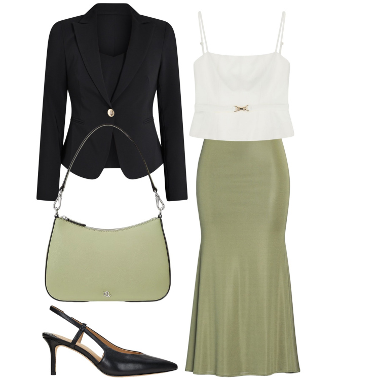 Outfit donna - Verde oliva. Stile Chic per Cerimonia. Abbinamento con gonne lunghe, blazer, top, décolleté, borse a spalla.