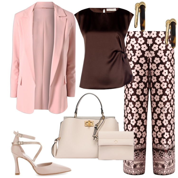Outfit donna - Pranzo in città. Stile Chic per Tutti i giorni. Abbinamento con pantaloni a palazzo, top, blazer, orecchini, décolleté, borse a mano.