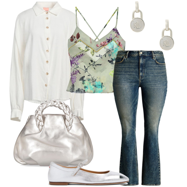 Outfit donna - Argento casual. Stile Casual chic per Tutti i giorni. Abbinamento con camicie, canottiere, orecchini, jeans bootcut, borse a mano, ballerine.