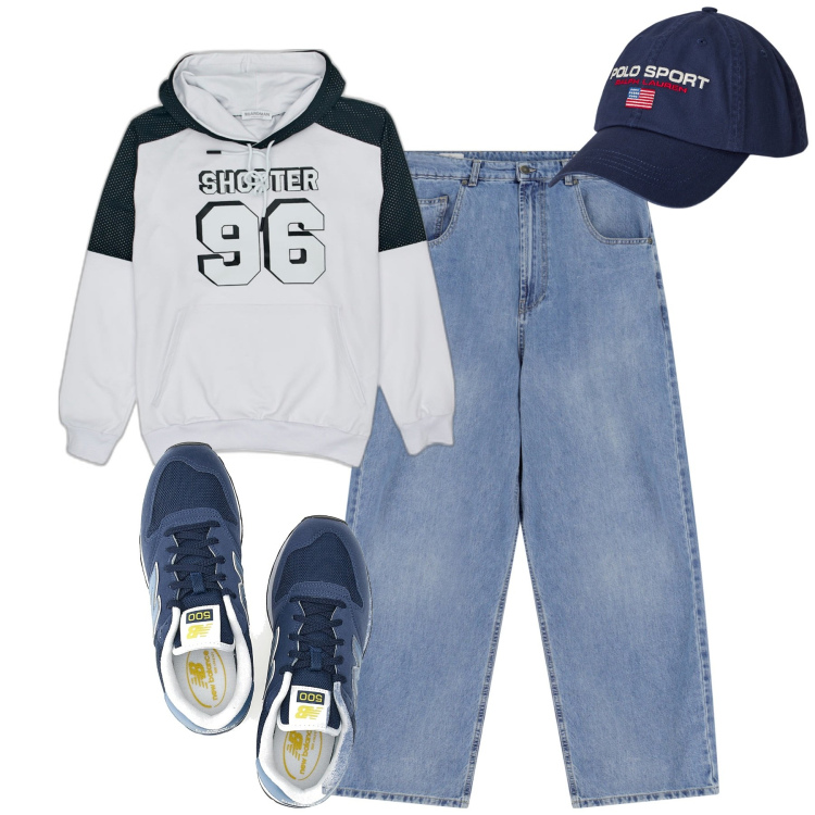 Outfit uomo - Total look #2104484. Stile Casual per Tutti i giorni. Abbinamento con jeans, berretti, sneakers, felpe con cappuccio.