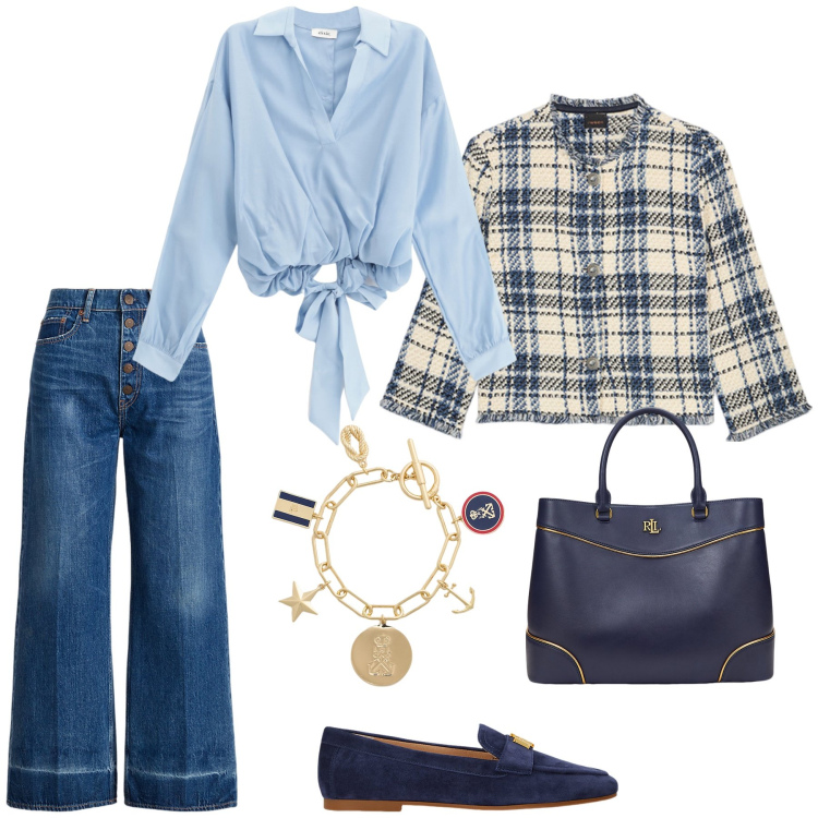 Outfit donna - Shopping con le amiche. Stile Casual chic per Tutti i giorni. Abbinamento con bluse, mocassini, jeans, borse a mano, braccialetti con ciondoli, blazer.