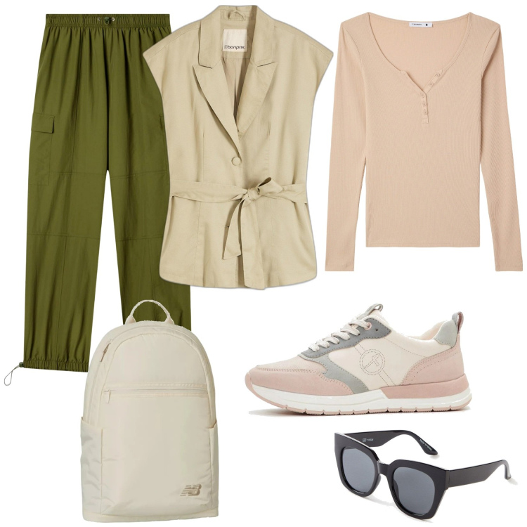 Outfit donna - Utility soft. Stile Urban per Tutti i giorni. Abbinamento con sneakers, occhiali da sole, gilet, pantaloni cargo, t-shirt, zaini.