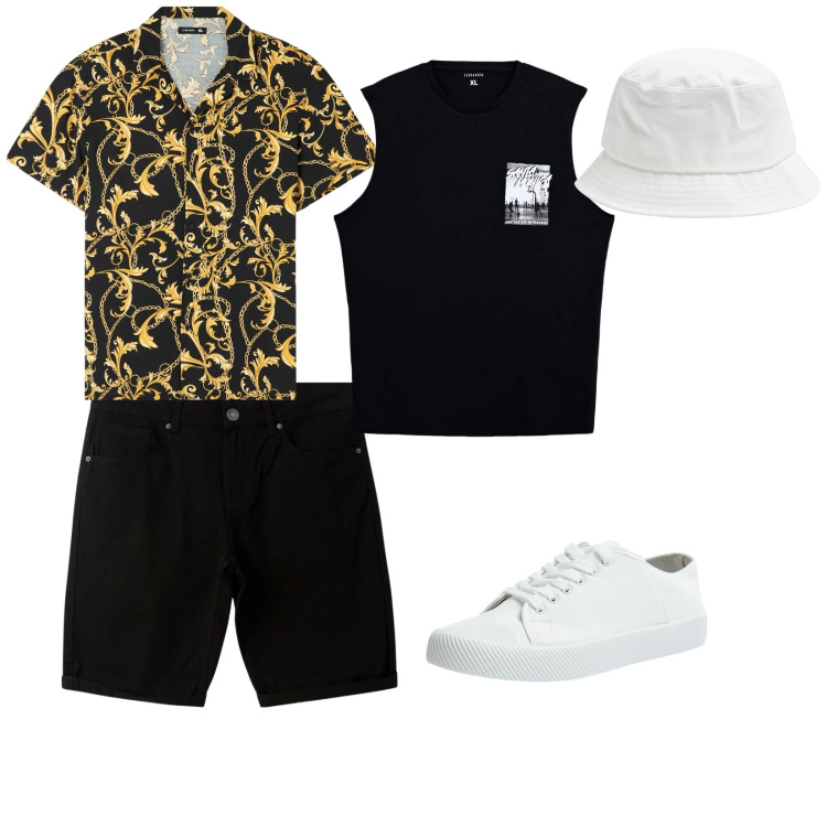 Outfit uomo - Scarpe e cappello bianchi. per Mare. Abbinamento con bermuda, camicie a manica corta, cappelli, sneakers, canottiere.