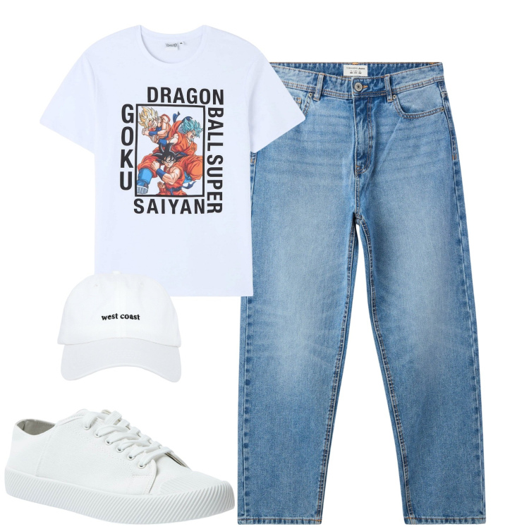 Outfit uomo - Total look #2104522. Stile Casual per Tutti i giorni. Abbinamento con t-shirt, cappelli, jeans, sneakers.