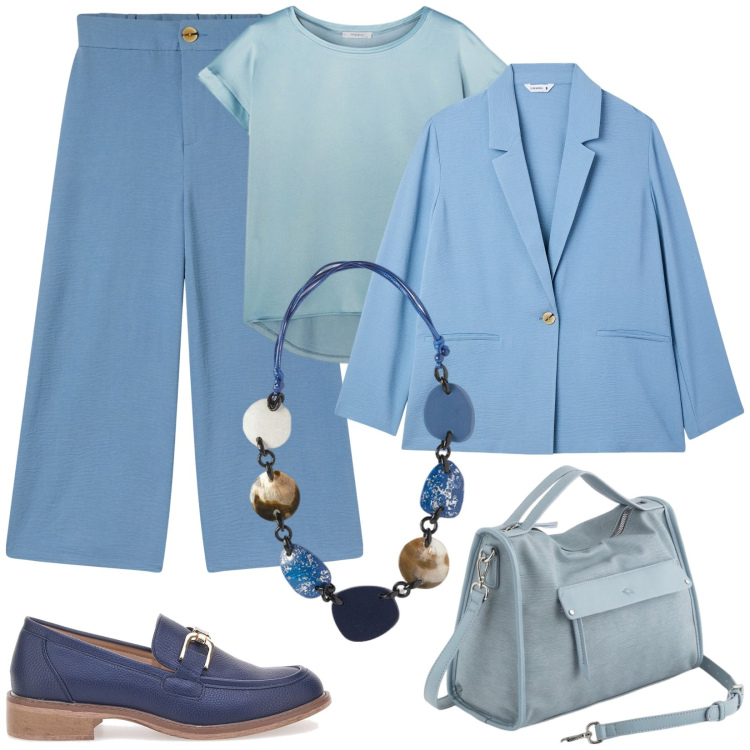 Outfit donna - Casual chic in primavera. Stile Casual chic per Ufficio. Abbinamento con blazer, pantaloni a palazzo, mocassini, t-shirt, collane, borse a mano.