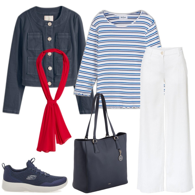 Outfit donna - Marine. Stile Preppy per Tutti i giorni. Abbinamento con pantaloni a palazzo, blazer, maglieria, sneakers, shopping bag, stole.