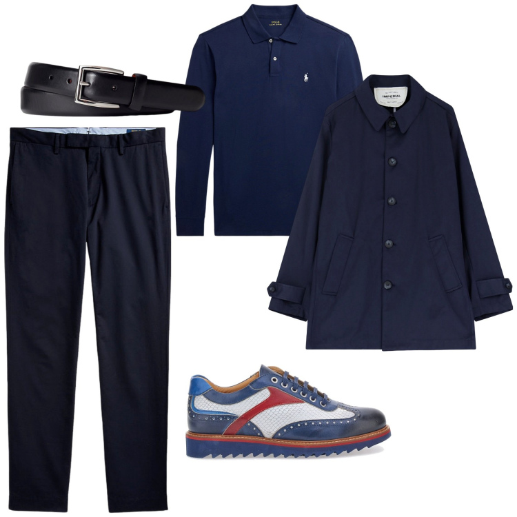Outfit uomo - In blù navy. per Mare. Abbinamento con trench, pantaloni chino, cinture, polo, scarpe stringate.
