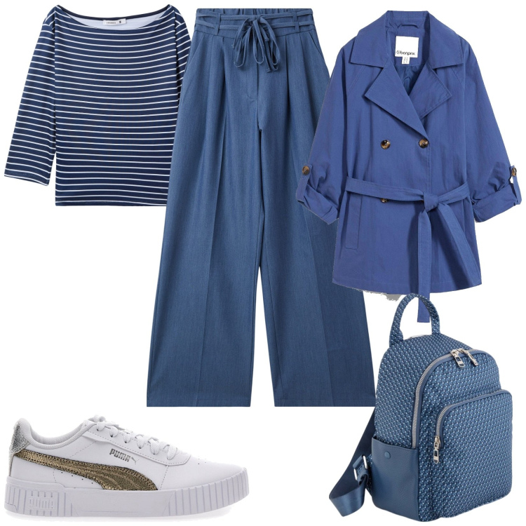 Outfit donna - Viva le righe. Stile Basic per Tutti i giorni. Abbinamento con trench, jeans, t-shirt, sneakers, zaini.