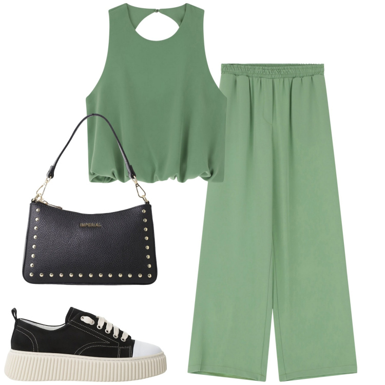 Outfit donna - Imperial. Stile Urban per Tutti i giorni. Abbinamento con pantaloni a palazzo, sneakers, top, borse a spalla.