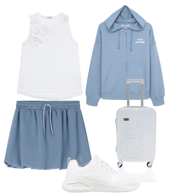 Outfit donna - Il cielo è sempre più blu. Stile Casual chic per Sport. Abbinamento con felpe con cappuccio, minigonne, sneakers, top, valigie.
