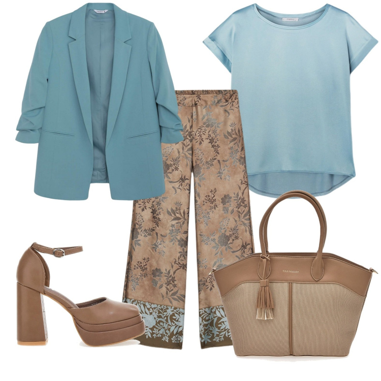 Outfit donna - Total look #2104597. Stile Casual chic per Ufficio. Abbinamento con blazer, décolleté, pantaloni a palazzo, borse tote, t-shirt.