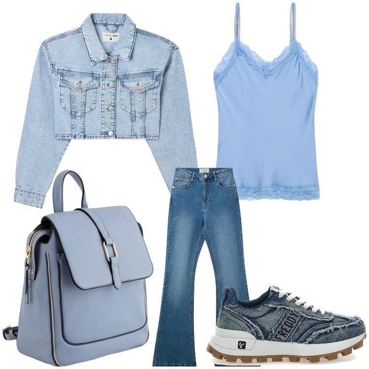 Outfit donna - Cielo e jeans. Stile Casual per Tutti i giorni. Abbinamento con blazer, jeans a zampa, sneakers, zaini, top.