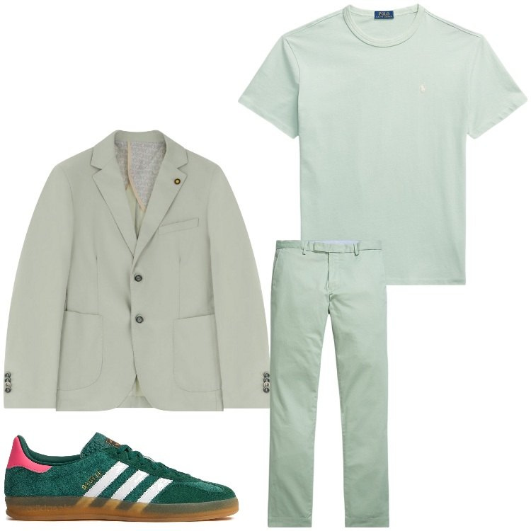 Outfit uomo - Verde menta. Stile Casual per Serata speciale. Abbinamento con giacche, t-shirt, pantaloni chino, sneakers.