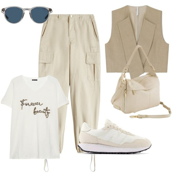 Outfit donna - passeggiata in campagna. Stile Casual per Tutti i giorni. Abbinamento con sneakers, gilet, pantaloni cargo, occhiali da sole, t-shirt, borse a tracolla.