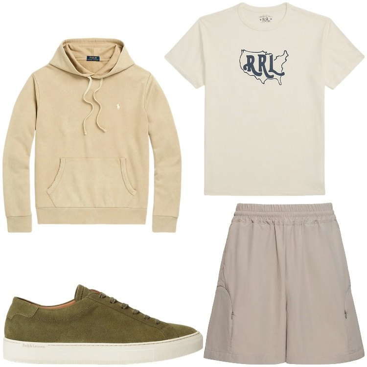 Outfit uomo - Con la testa in vacanza. Stile Casual per Tutti i giorni. Abbinamento con felpe con cappuccio, sneakers, t-shirt, shorts.