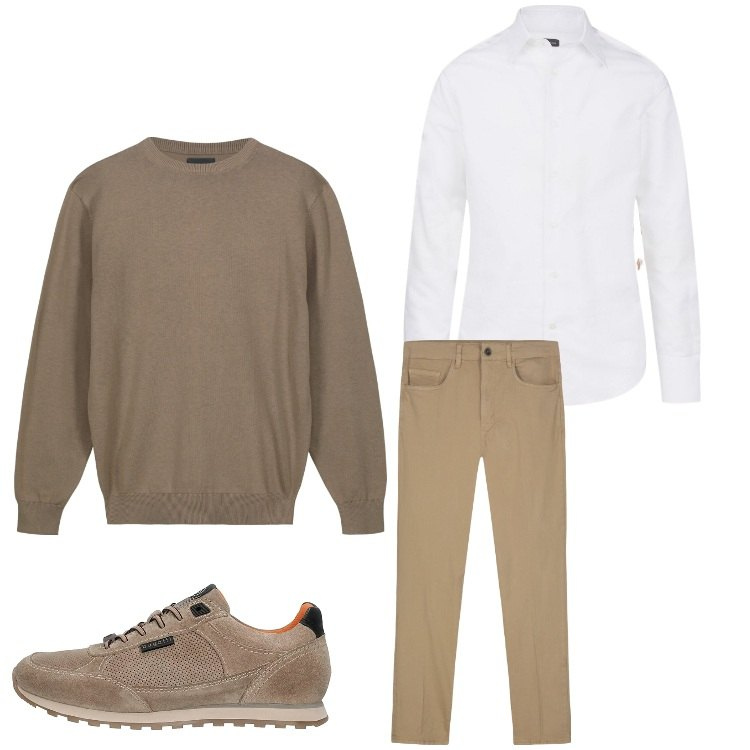 Outfit uomo - Camicia e pullover. Stile Casual per Ufficio. Abbinamento con camicie, maglieria, sneakers, pantaloni.
