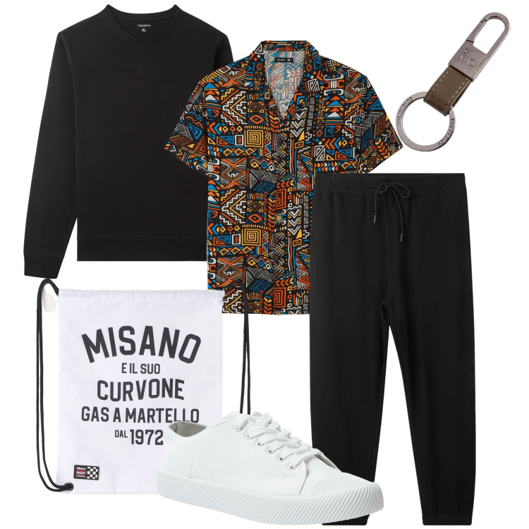 Outfit uomo - Una camicia colorata. Stile Casual per Tutti i giorni. Abbinamento con borse sportive, sneakers, camicie a manica corta, pantaloni, felpe, portachiavi.