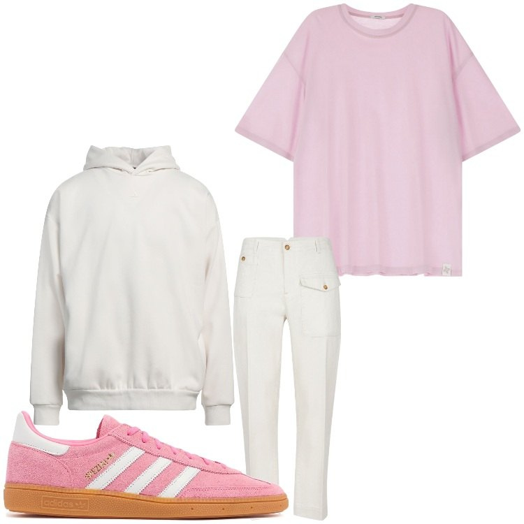 Outfit uomo - Bianco e rosa. Stile Casual per Tutti i giorni. Abbinamento con felpe con cappuccio, t-shirt, sneakers, pantaloni.
