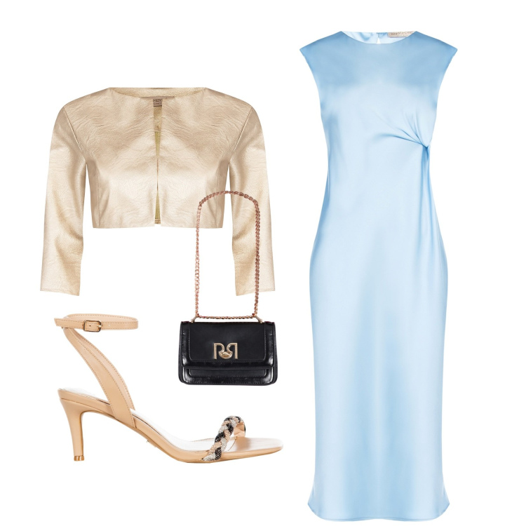 Outfit donna - Cerimonia di primavera. Stile Chic per Cerimonia. Abbinamento con bolero, vestiti midi/longuette, borse a tracolla, sandali in pelle.