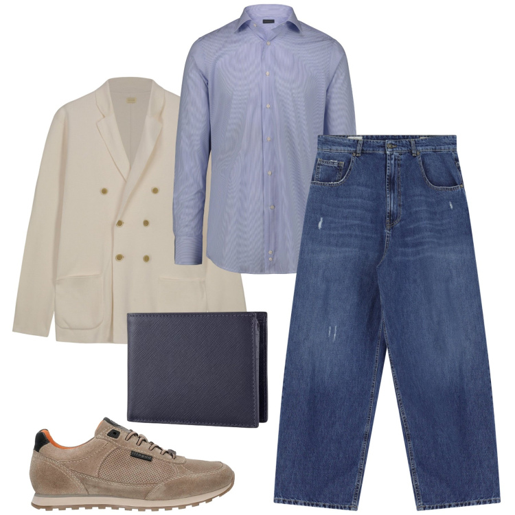 Outfit uomo - Il blazer doppiopetto. Stile Urban per Ufficio. Abbinamento con jeans, sneakers, cardigans, camicie, portafogli.