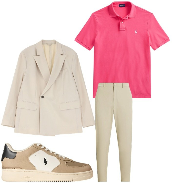 Outfit uomo - Una polo come camicia. Stile Casual per Ufficio. Abbinamento con giacche, polo, sneakers, pantaloni.