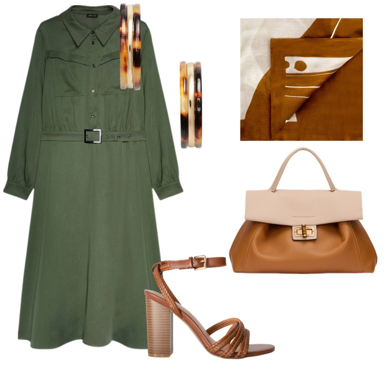 Outfit donna - A lavoro con i sandali. per Ufficio. Abbinamento con sciarpe, orecchini, vestiti lunghi, sandali col tacco, borse a tracolla.