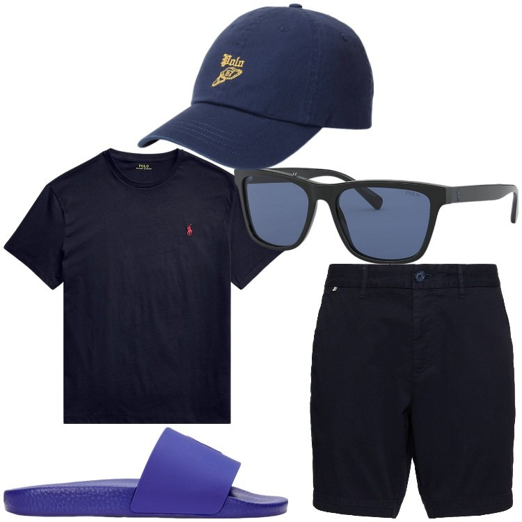 Outfit uomo - Pasqua sulla spiaggia. Stile Casual per Tutti i giorni. Abbinamento con t-shirt, occhiali da sole, cappelli, sandali, shorts.