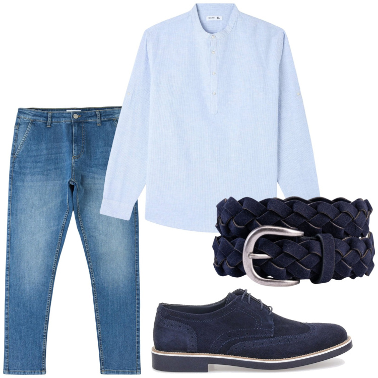 Outfit uomo - Pelle blu. Stile Casual per Tutti i giorni. Abbinamento con jeans skinny, camicie, cinture, scarpe stringate.
