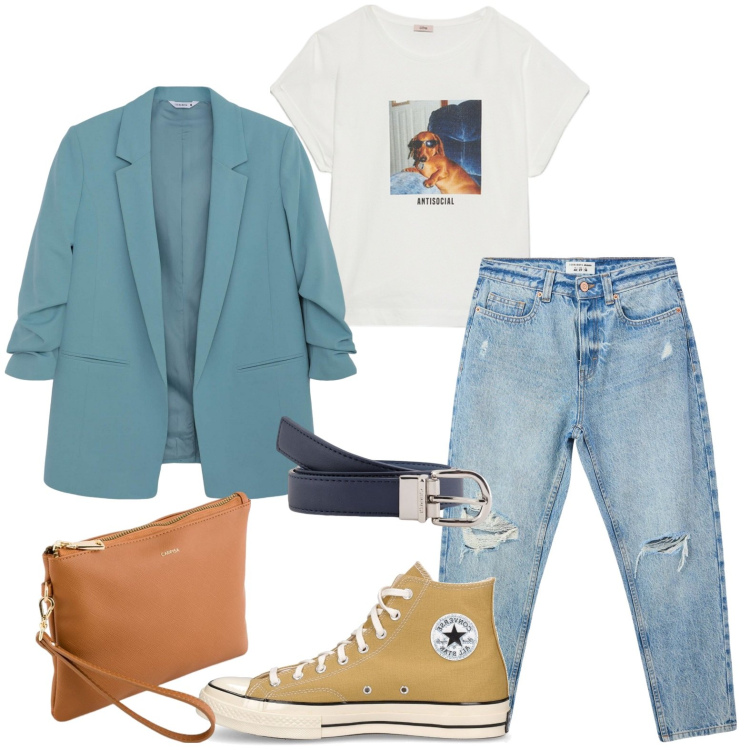 Outfit donna - non rinuncio alle converse. Stile Casual per Ufficio. Abbinamento con jeans mom, blazer, t-shirt, sneakers, cinture, pochette.