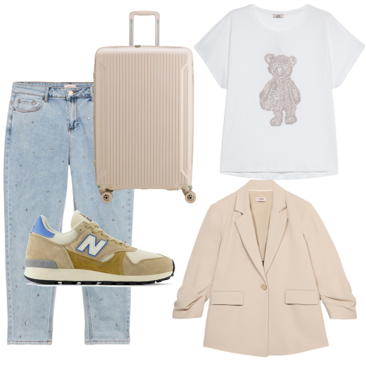 Outfit donna - in viaggio con carpisa. Stile Trendy per Tutti i giorni. Abbinamento con sneakers, t-shirt, jeans, valigie, blazer.