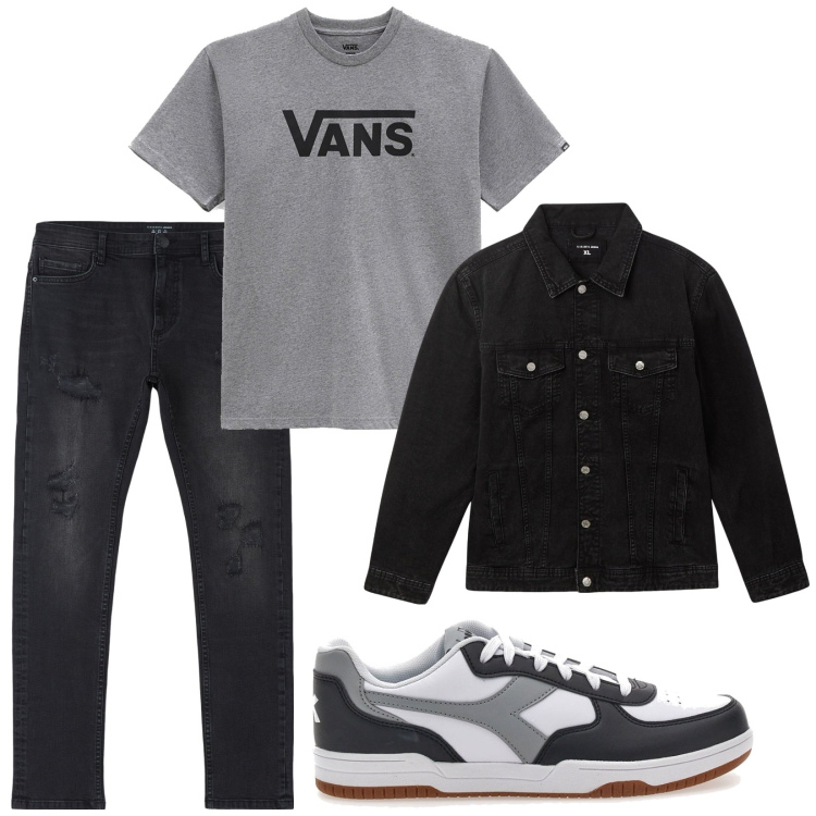 Outfit uomo - Total look #2104775. Stile Trendy per Tutti i giorni. Abbinamento con jeans strappati, giacche, t-shirt, sneakers.