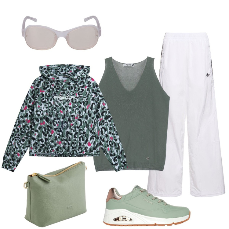 Outfit donna - Domenica…sportiva. Stile Casual per Sport. Abbinamento con top, felpe con cappuccio, sneakers, pantaloni sportivi, occhiali da sole, portafogli.