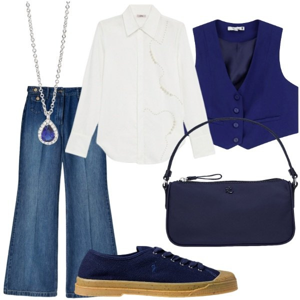 Outfit donna - Azzurro e bianco. Stile Casual per Tutti i giorni. Abbinamento con gilet, collane, sneakers, pochette, camicie, jeans.