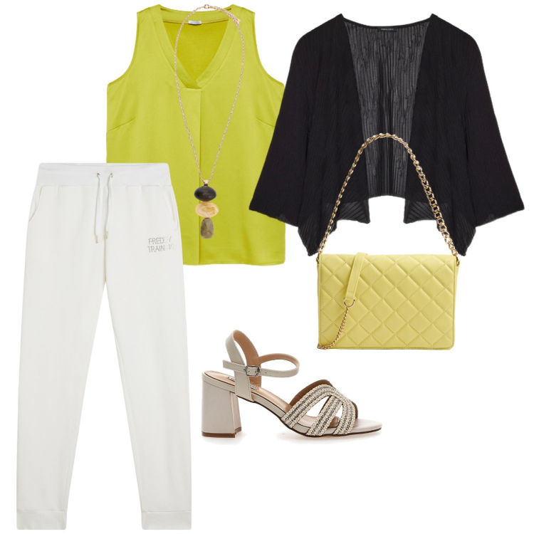 Outfit donna - Per negozi. per Tutti i giorni. Abbinamento con borse a tracolla, pantaloni, bolero, sandali col tacco, top, collane.