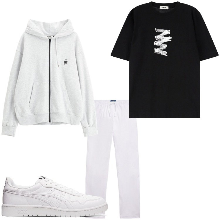 Outfit uomo - Bianco e nero sport. Stile Casual per Sport. Abbinamento con t-shirt, felpe con cappuccio, pantaloni, sneakers.