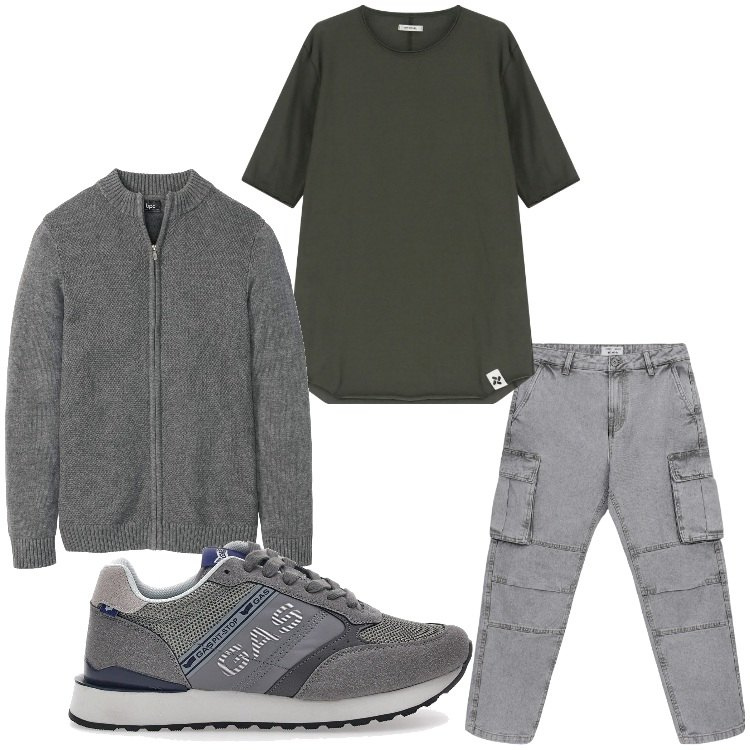 Outfit uomo - Grigio sport. Stile Casual per Tutti i giorni. Abbinamento con cardigans, jeans, t-shirt, sneakers.