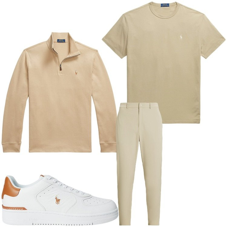 Outfit uomo - Beige. Stile Casual per Tutti i giorni. Abbinamento con t-shirt, sneakers, pullovers, pantaloni.