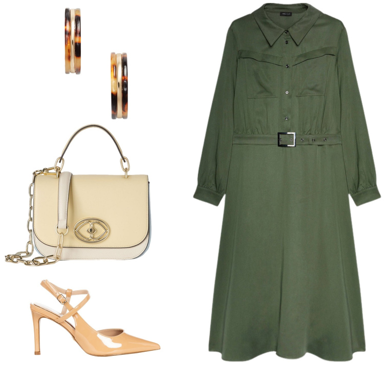 Outfit donna - Abito lungo verde muschio. Stile Bon Ton per Serata fuori. Abbinamento con décolleté, orecchini, vestiti lunghi, borse a tracolla.