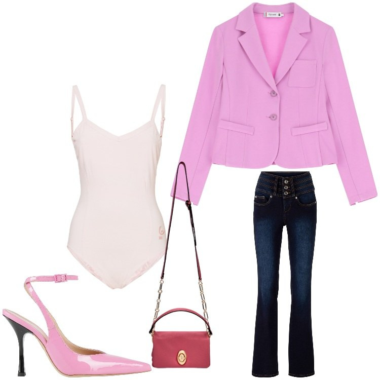 Outfit donna - Jeans chic. Stile Casual chic per Serata fuori. Abbinamento con jeans bootcut, décolleté, blazer, body, borse a tracolla.