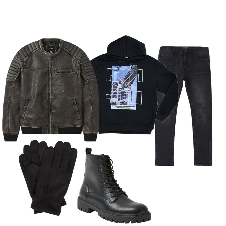 Outfit uomo - Total look #2104799. Stile Urban per Tutti i giorni. Abbinamento con jeans strappati, giacche, anfibi, felpe con cappuccio, guanti.