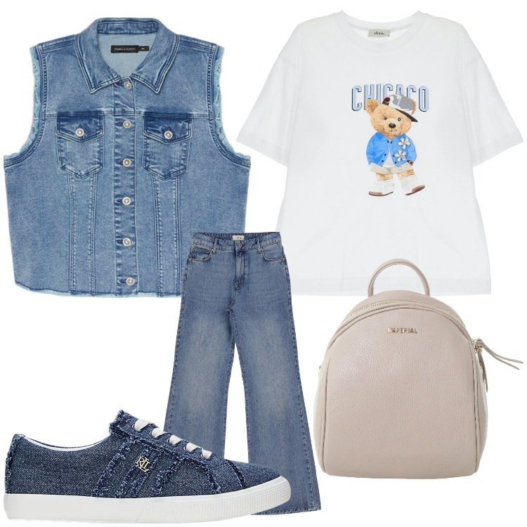 Outfit donna - Semplice jeans. Stile Casual per Tutti i giorni. Abbinamento con zaini, t-shirt, jeans, sneakers, gilet.