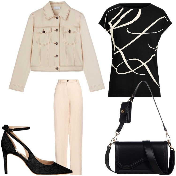 Outfit donna - Serata chic. Stile Casual chic per Serata fuori. Abbinamento con pantaloni, décolleté, pochette, maglieria, blazer.