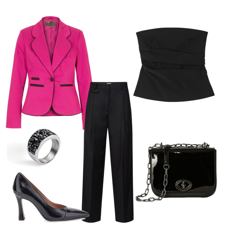 Outfit donna - fucsia e nero glam. Stile Glamour per Serata fuori. Abbinamento con anelli, blazer, top, décolleté, pantaloni, borse a tracolla.