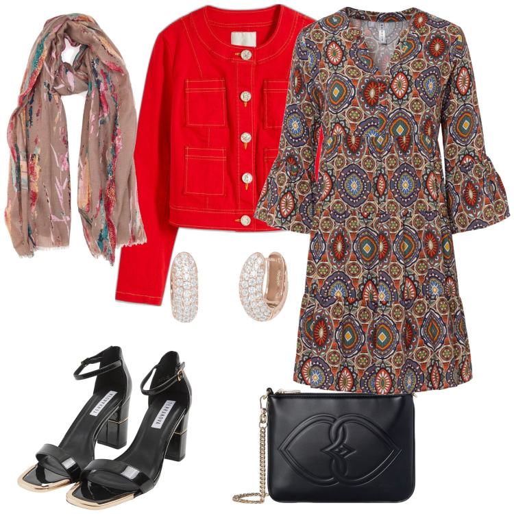 Outfit donna - Fantasia col beige. Stile Casual chic per Serata fuori. Abbinamento con vestiti corti, blazer, sabot, orecchini, foulard, pochette.