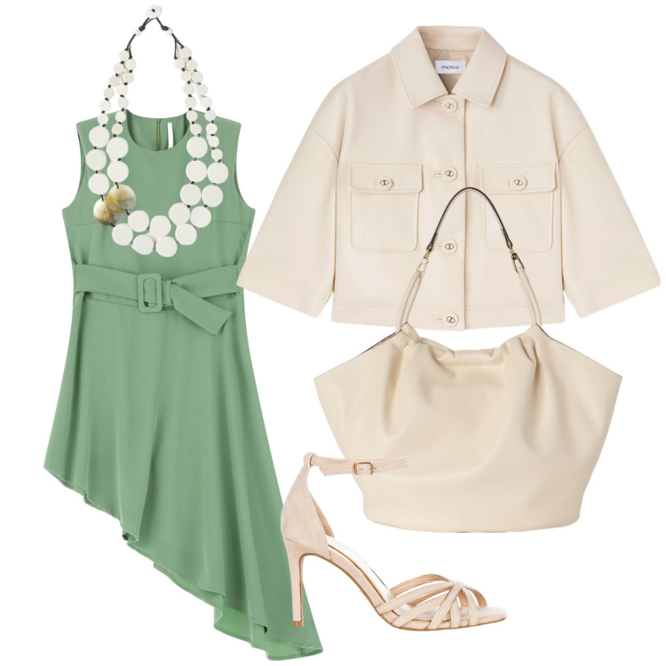 Outfit donna - L\'abito asimmetrico. Stile Casual per Serata fuori. Abbinamento con sandali col tacco, vestiti corti, blazer, ciondoli, borse a secchiello.