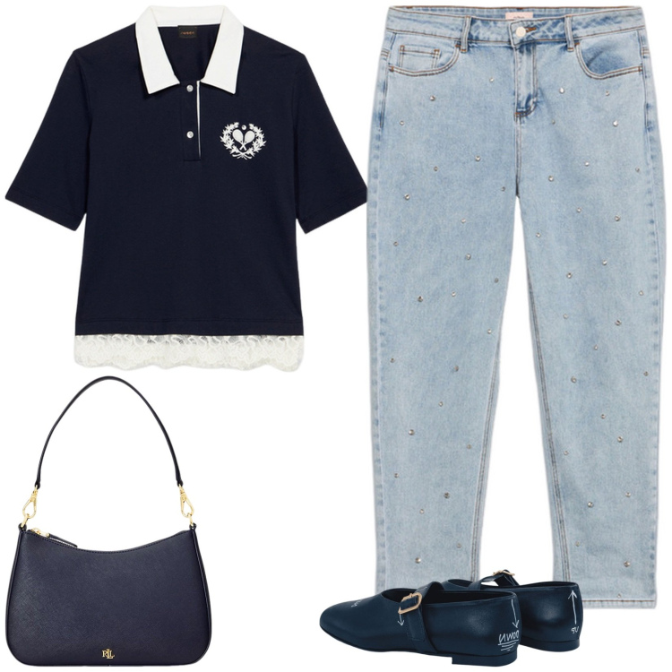 Outfit donna - Completo Oltre. Stile Casual chic per Tutti i giorni. Abbinamento con borse a spalla, jeans, ballerine, polo.