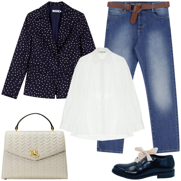 Outfit donna - Blazer blu a pois. Stile Casual chic per Tutti i giorni. Abbinamento con blazer, jeans dritti, camicie, borse a mano, scarpe stringate.