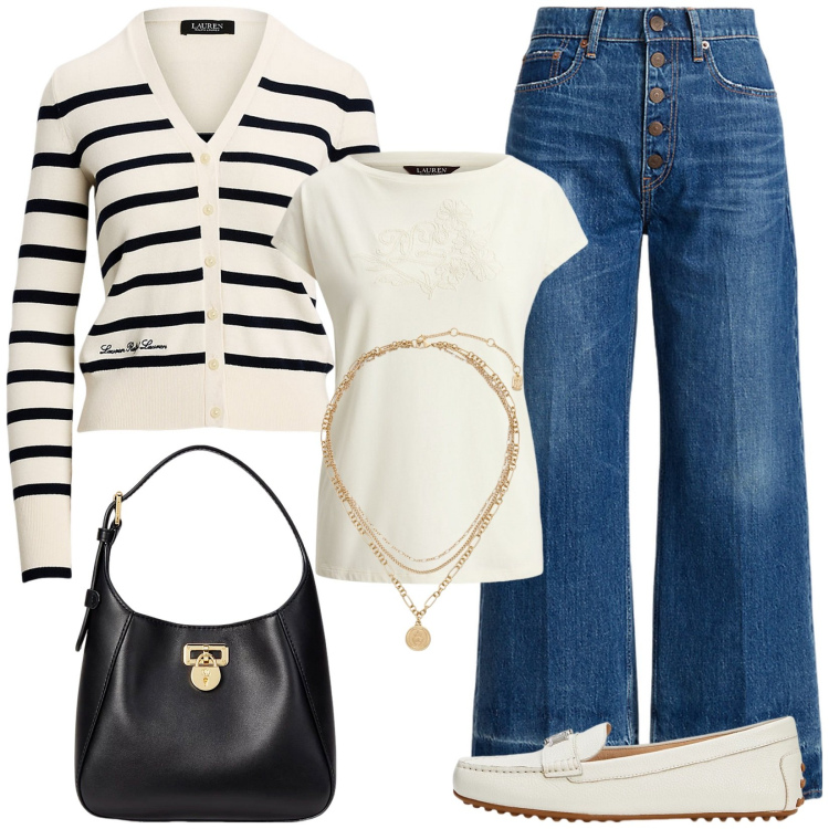Outfit donna - Cardigan a righe. Stile Casual per Tutti i giorni. Abbinamento con ciondoli, borse a tracolla, jeans, cardigans, mocassini, t-shirt.
