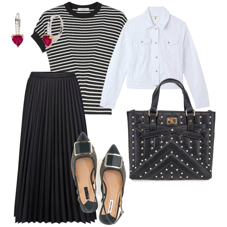 Outfit donna - Esco con le mie amiche. per Serata fuori. Abbinamento con blazer, orecchini, ballerine, gonne longuette, borse a mano, maglieria.