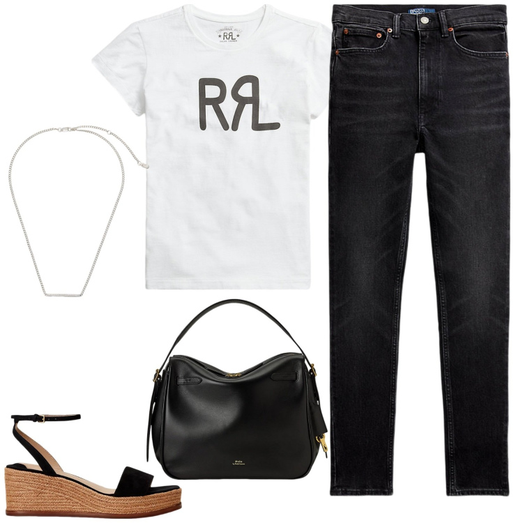Outfit donna - Un jeans e una maglietta. Stile Basic per Tutti i giorni. Abbinamento con t-shirt, borse a mano, jeans slim fit, collane, espadrillas.